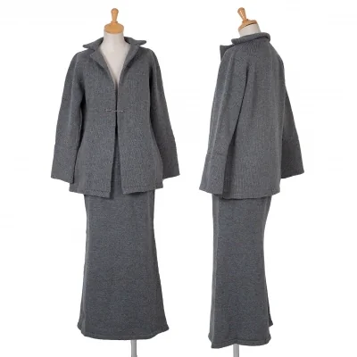 ワイズY's ボタンレスミックスニットジャケットセットアップスーツ 杢水色ベージュ