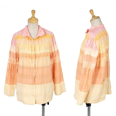 【SALE】イッセイミヤケISSEY MIYAKE シワ加工グラデーションボーダーブラウス 濃淡オレンジ他