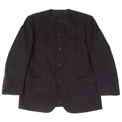 イッセイミヤケ メンISSEY MIYAKEMEN ウールノーカラーストライプジャケット 紺グレー