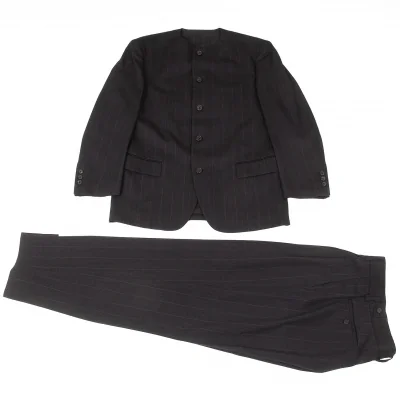 イッセイミヤケ メンISSEY MIYAKEMEN ウールノーカラーストライプセットアップスーツ 紺グレー