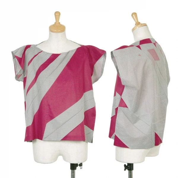 【SALE】イッセイミヤケ ミーISSEY MIYAKE me ギンガムチェックプリントボックスシルエットトップス 濃ピンク黒白M位 K-67084_001