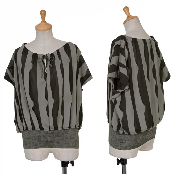 【SALE】イッセイミヤケ ミーISSEY MIYAKE me ストライププリーツチュニックトップス グレー黒M位 K-67414_001