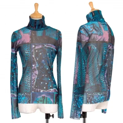 ジャンポールゴルチエ ファムJean Paul GAULTIER FEMME アイテムプリントパワーネットハイネックカットソー 青