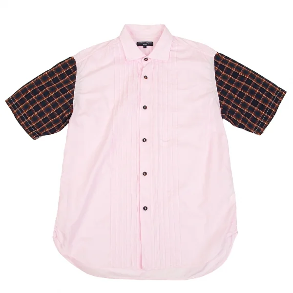 【SALE】コムデギャルソン オムCOMME des GARCONS HOMME 袖チェック切替パッカリング半袖シャツ ピンク紺L K-68145_001
