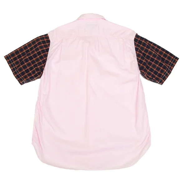 【SALE】コムデギャルソン オムCOMME des GARCONS HOMME 袖チェック切替パッカリング半袖シャツ ピンク紺L K-68145_015