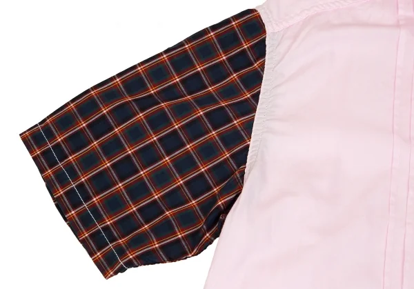 【SALE】コムデギャルソン オムCOMME des GARCONS HOMME 袖チェック切替パッカリング半袖シャツ ピンク紺L K-68145_005