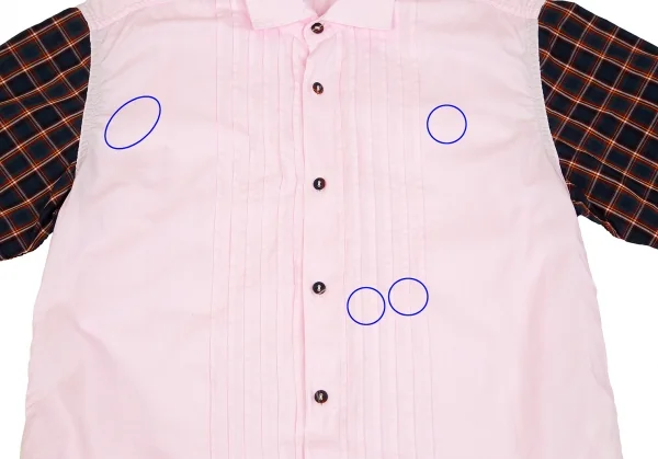 【SALE】コムデギャルソン オムCOMME des GARCONS HOMME 袖チェック切替パッカリング半袖シャツ ピンク紺L K-68145_006