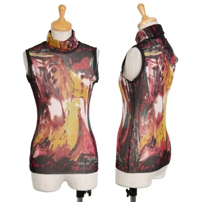 ジャンポールゴルチエJean Paul GAULTIER PARIS グラフィックプリントパワーネットハイネックノースリーブ 黒エンジ他