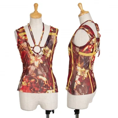 ジャンポールゴルチエJean Paul GAULTIER フラワープリントリングネックパワーネットノースリーブ エンジ黄