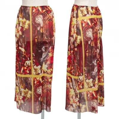 ジャンポールゴルチエJean Paul GAULTIER フラワープリントパワーネットバックシャーリングスカート エンジ黄