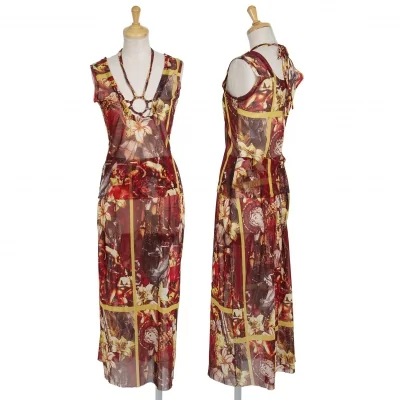 ジャンポールゴルチエJean Paul GAULTIER フラワープリントリングネックパワーネットセットアップ エンジ黄