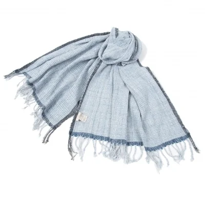 ヨーガンレールJURGEN LEHL コットンツイード大判フリンジ手拭いストール ブルー