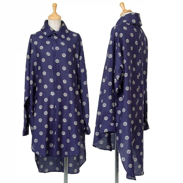【SALE】ヨウジヤマモト ファムYohji Yamamoto FEMMEシルク家紋プリントプルオーバーシャツワンピース 紺M K-68905_001