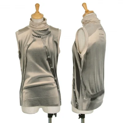 ジャンポールゴルチエ ファムJean Paul GAULTIER FEMME カーディガン転写プリントハイネックノースリーブ ベージュグレー