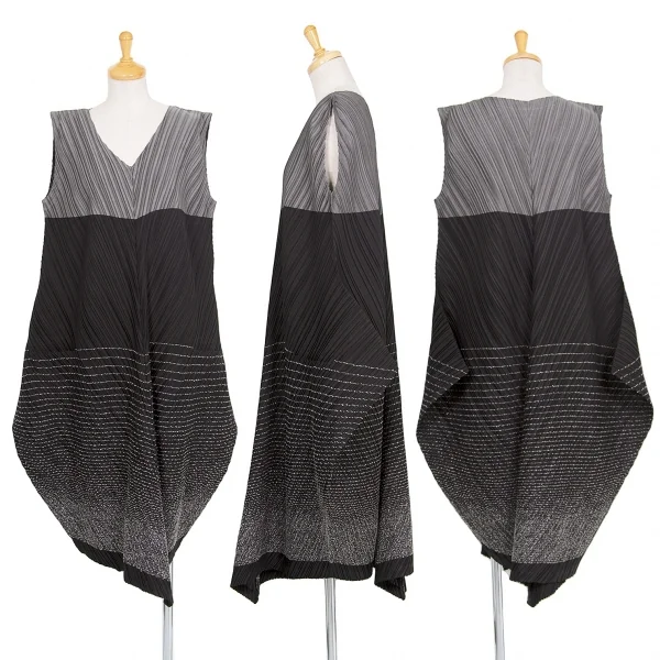 【SALE】イッセイミヤケISSEY MIYAKE ボーダーステッチプリーツノースリーブワンピース グレー黒2 K-69842_001