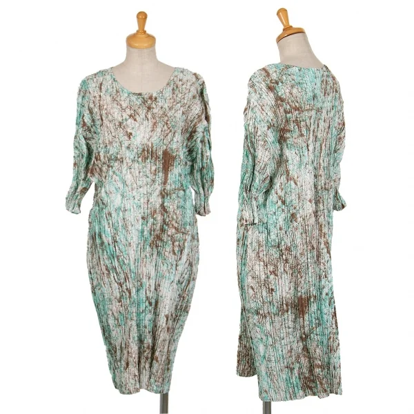 【SALE】イッセイミヤケISSEY MIYAKE シワプリーツペイント５分袖ワンピース 茶青2 K-70084_001