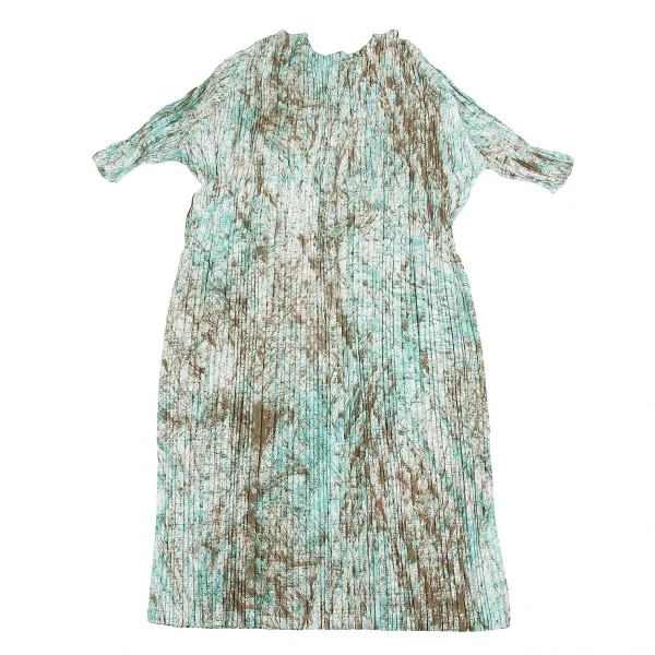 【SALE】イッセイミヤケISSEY MIYAKE シワプリーツペイント５分袖ワンピース 茶青2 K-70084_012