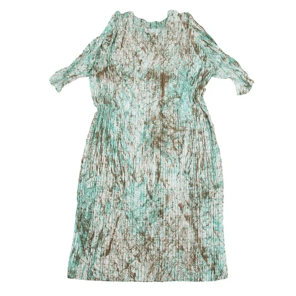 【SALE】イッセイミヤケISSEY MIYAKE シワプリーツペイント５分袖ワンピース 茶青2 K-70084_002