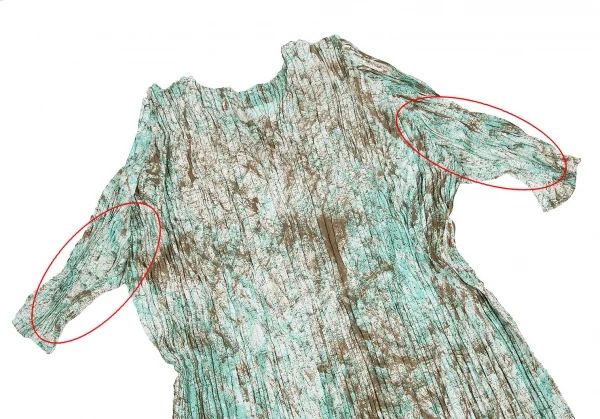 【SALE】イッセイミヤケISSEY MIYAKE シワプリーツペイント５分袖ワンピース 茶青2 K-70084_003