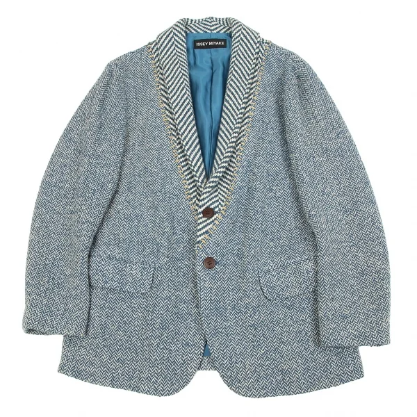 【SALE】イッセイミヤケ ISSEY MIYAKE ツィードステッチヘリンボーンショールカラージャケット 青2 K-70197_001