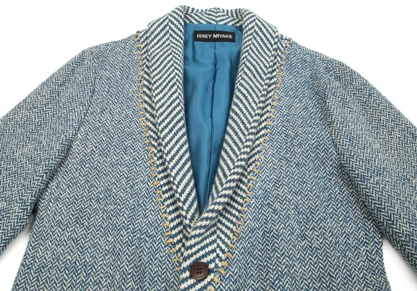 【SALE】イッセイミヤケ ISSEY MIYAKE ツィードステッチヘリンボーンショールカラージャケット 青2 K-70197_002