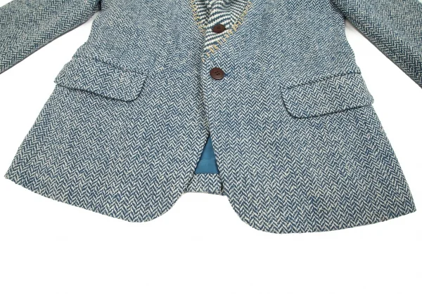 【SALE】イッセイミヤケ ISSEY MIYAKE ツィードステッチヘリンボーンショールカラージャケット 青2 K-70197_009