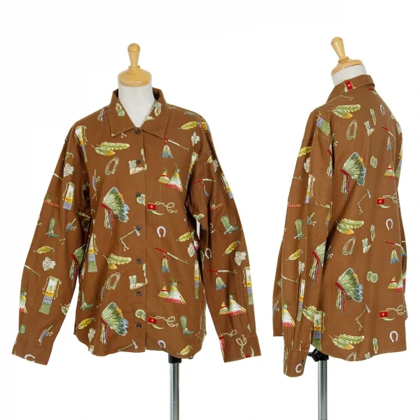 【SALE】マドモアゼルノンノンMademoiselle NON NON インディアンプリント袖切替長袖シャツ 茶L位 K-70259_001