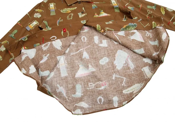 【SALE】マドモアゼルノンノンMademoiselle NON NON インディアンプリント袖切替長袖シャツ 茶L位 K-70259_010