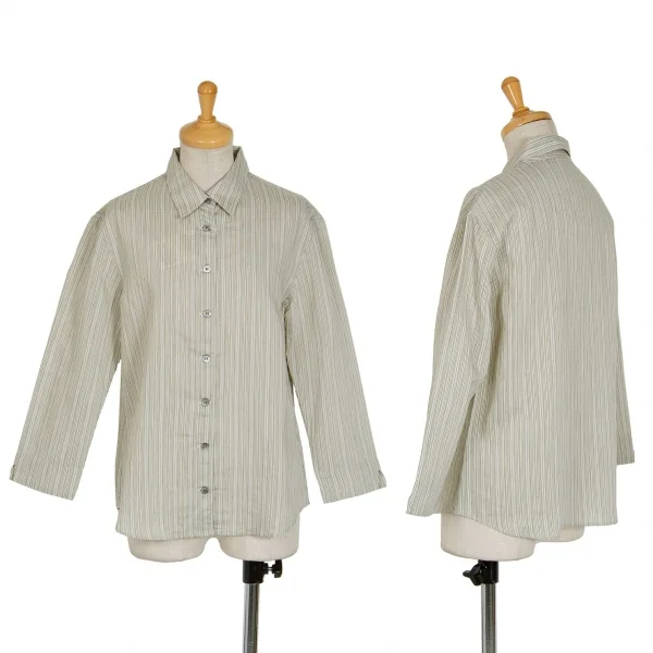 新品!【SALE】マドモアゼルノンノンMademoiselle NON NON混紡ストライプ七分袖シャツ ライトグリーンM K-70263_001