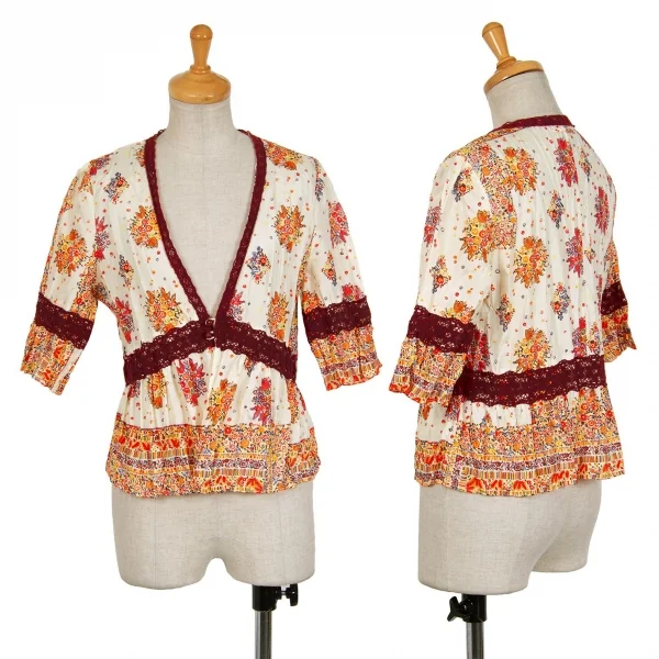 【SALE】ジャンポールゴルチエJean Paul GAULTIER シワ加工フラワープリントカーディガン クリームエンジ40 K-70420_001