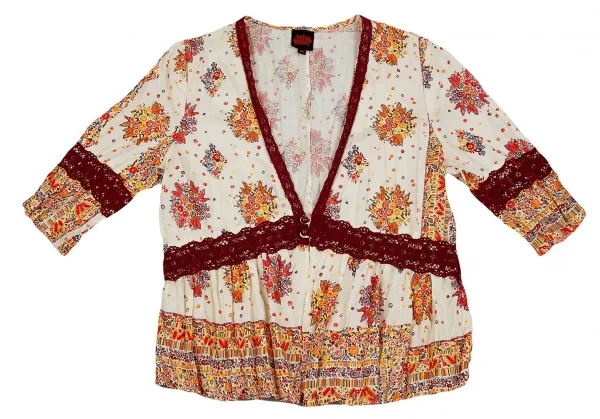 【SALE】ジャンポールゴルチエJean Paul GAULTIER シワ加工フラワープリントカーディガン クリームエンジ40 K-70420_002