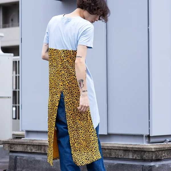 【SALE】コムデギャルソン オムプリュスCOMME des GARCONS HOMME PLUS 裾レオパード燕尾切替ロング丈Tシャツ ブルー黄M K-70489_013