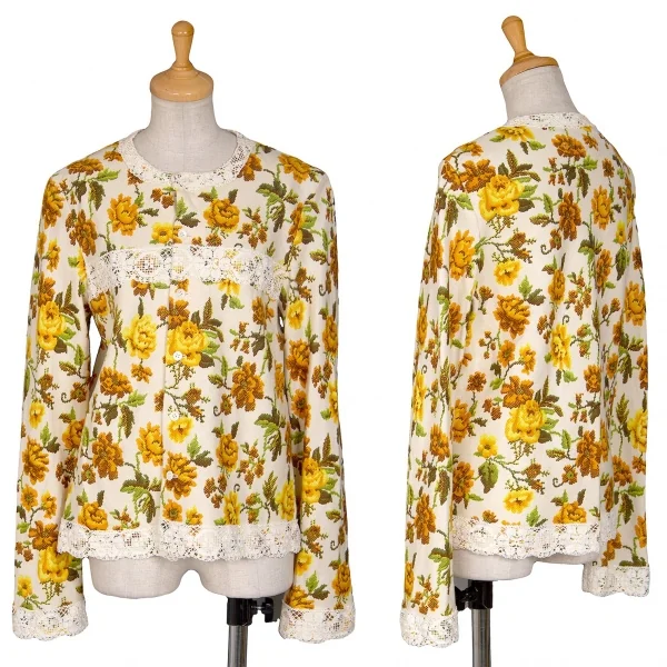トリココムデギャルソンtricot COMME des GARCONSクロスステッチフラワープリントノーカラージャケット 黄生成りM K-70840_001