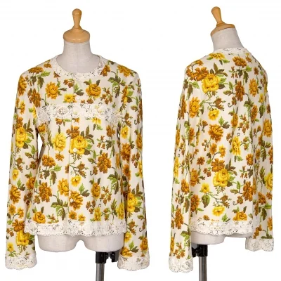 トリココムデギャルソンtricot COMME des GARCONSクロスステッチフラワープリントノーカラージャケット 黄生成り