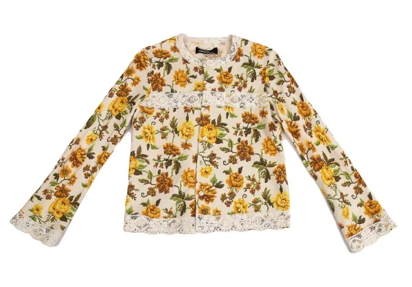 トリココムデギャルソンtricot COMME des GARCONSクロスステッチフラワープリントノーカラージャケット 黄生成りM K-70840_002