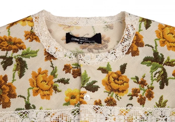 トリココムデギャルソンtricot COMME des GARCONSクロスステッチフラワープリントノーカラージャケット 黄生成りM K-70840_003