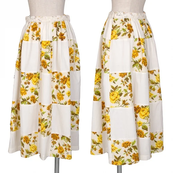 トリココムデギャルソンtricot COMME des GARCONS クロスステッチフラワープリントパッチワークスカート 黄生成りS K-70841_001