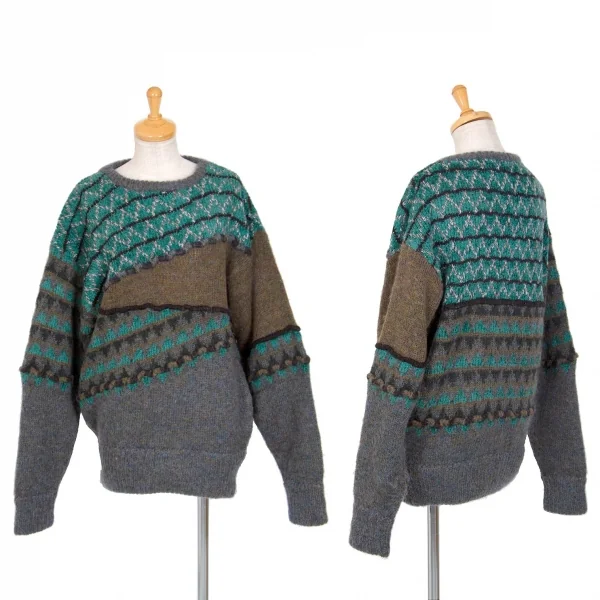 イッセイミヤケISSEY MIYAKE ウールアクリルデザインニット 緑カーキ他M位 K-70909_001