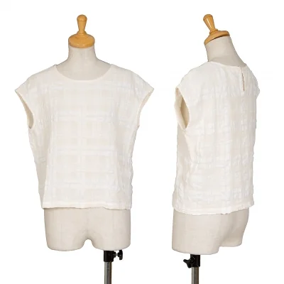 イッセイミヤケISSEY MIYAKEI.S. コットンリネンチェックフレンチスリーブトップス アイボリー