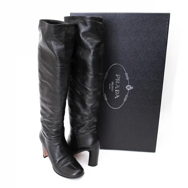 プラダPRADA スムースレザーチャンキーヒールロングブーツ 黒38.5（24.5位） K-71282_001