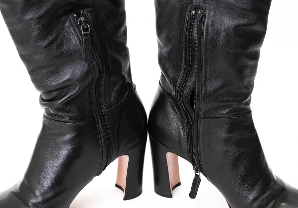 プラダPRADA スムースレザーチャンキーヒールロングブーツ 黒38.5（24.5位） K-71282_011