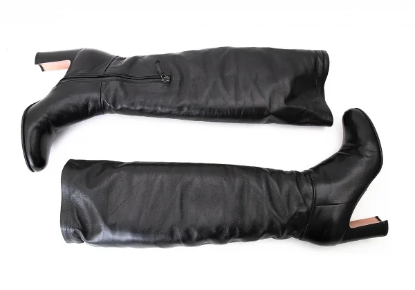 プラダPRADA スムースレザーチャンキーヒールロングブーツ 黒38.5（24.5位） K-71282_002