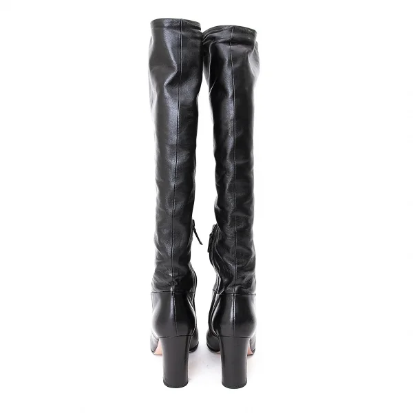 プラダPRADA スムースレザーチャンキーヒールロングブーツ 黒38.5（24.5位） K-71282_005