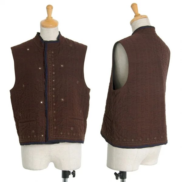 アシャASHA BY MDS インドコットン刺し子刺繍スタンドカラーベスト こげ茶M K-71756_001
