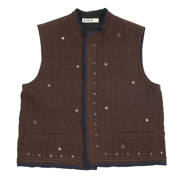 アシャASHA BY MDS インドコットン刺し子刺繍スタンドカラーベスト こげ茶M K-71756_002
