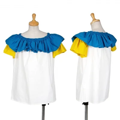 イヴサンローランYves Saint Laurent ゴムギャザーフリルコットン半袖トップス 白青黄