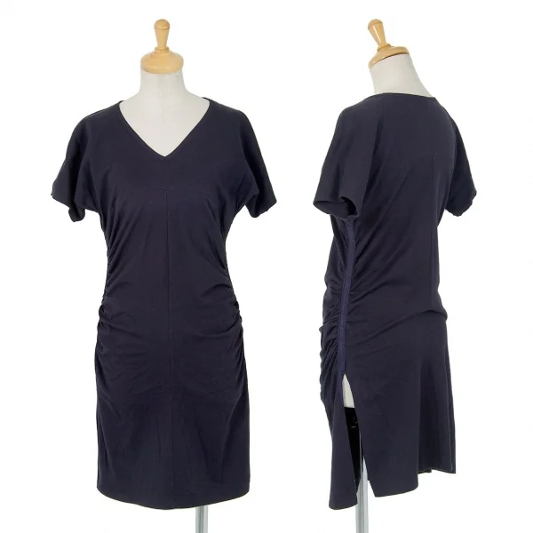 イッセイミヤケ ホワイトレーベルISSEY MIYAKE WHITELABEL サイドギャザーロング丈VネックTシャツ 紺2 K-71897_001