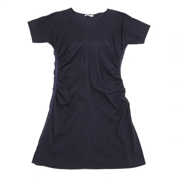 イッセイミヤケ ホワイトレーベルISSEY MIYAKE WHITELABEL サイドギャザーロング丈VネックTシャツ 紺2 K-71897_002