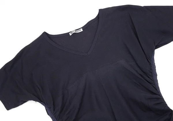イッセイミヤケ ホワイトレーベルISSEY MIYAKE WHITELABEL サイドギャザーロング丈VネックTシャツ 紺2 K-71897_003
