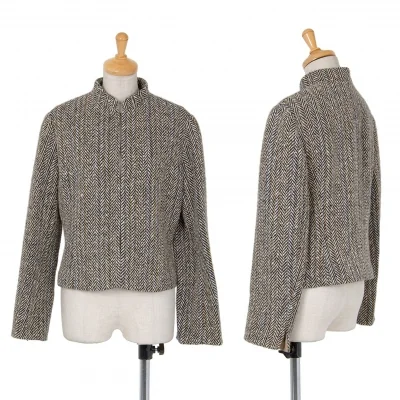 ヒロコビスHIROKO BIS スタンドカラーヘリンボーンツイードジャケット ベージュ茶